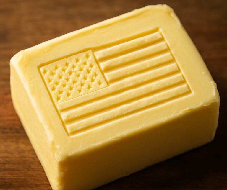 A piece of butter with the American flag curved on it.