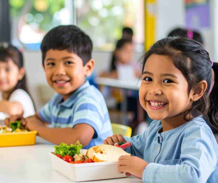 Two kids, girl and boy eating at a school environment